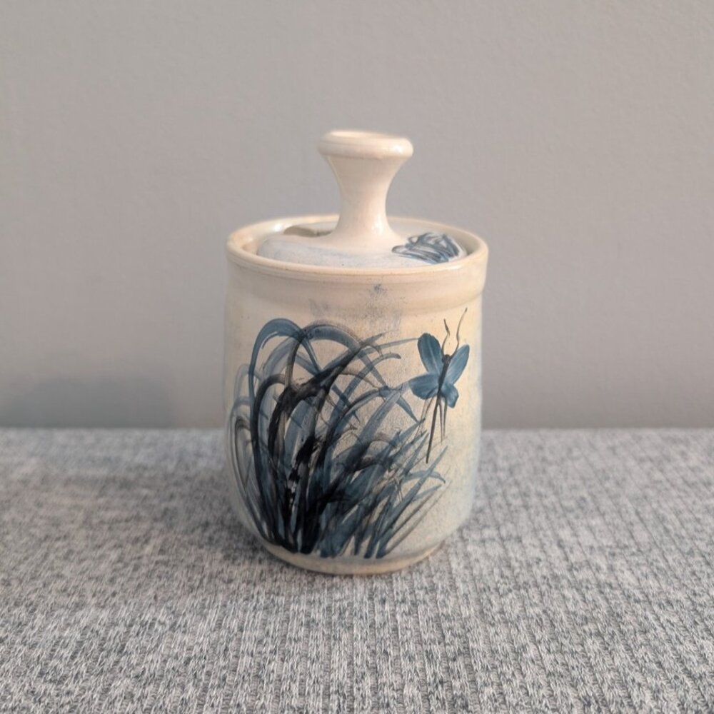 Canterbury Pottery, Small Jar with Lid & Spoon Hole (No Spoon), Butterfly Theme
